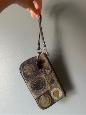 Coach Multi-Color Circle Patch Wristlet in Brown, Olive & Cream